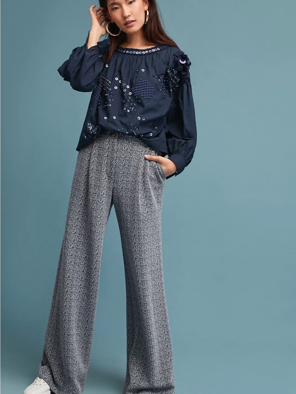 Anthropologie Pankaj & Nidhi Embellished Navy Long-Sleeve Women's Blouse (M)